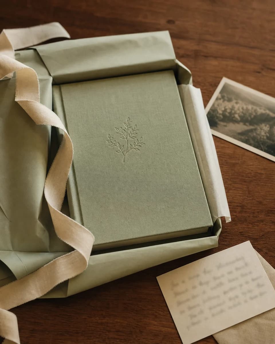 Photo · wrapped gift on a table, soft sunlight, handwritten card resting on top
