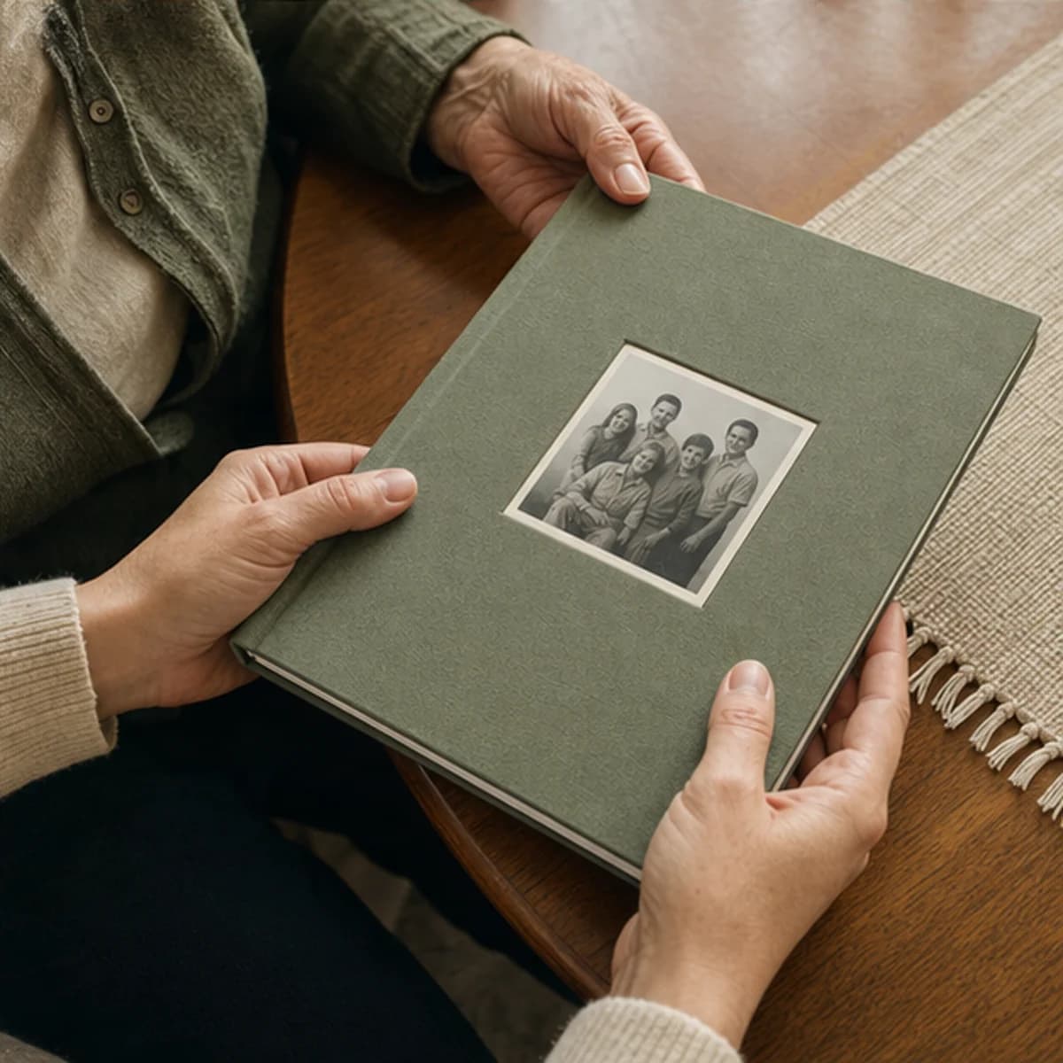 Photo · hands holding a finished hardcover memoir on a wooden table