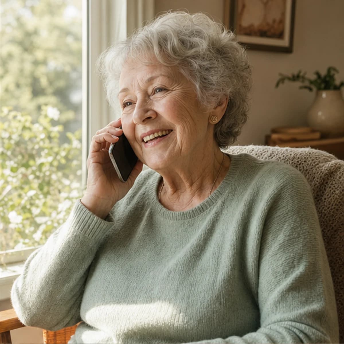 Photo · grandparent smiling, holding a phone, light from a window