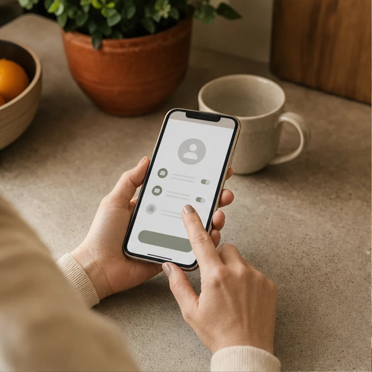 Photo · phone with simple sign-up screen on a warm kitchen counter