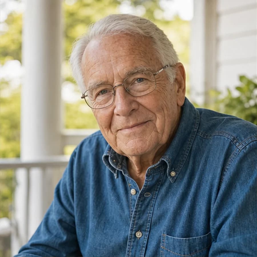 Photo · grandfather, denim shirt, kind eyes