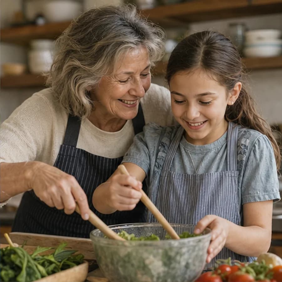 Photo · grandmother with grandchild, kitchen