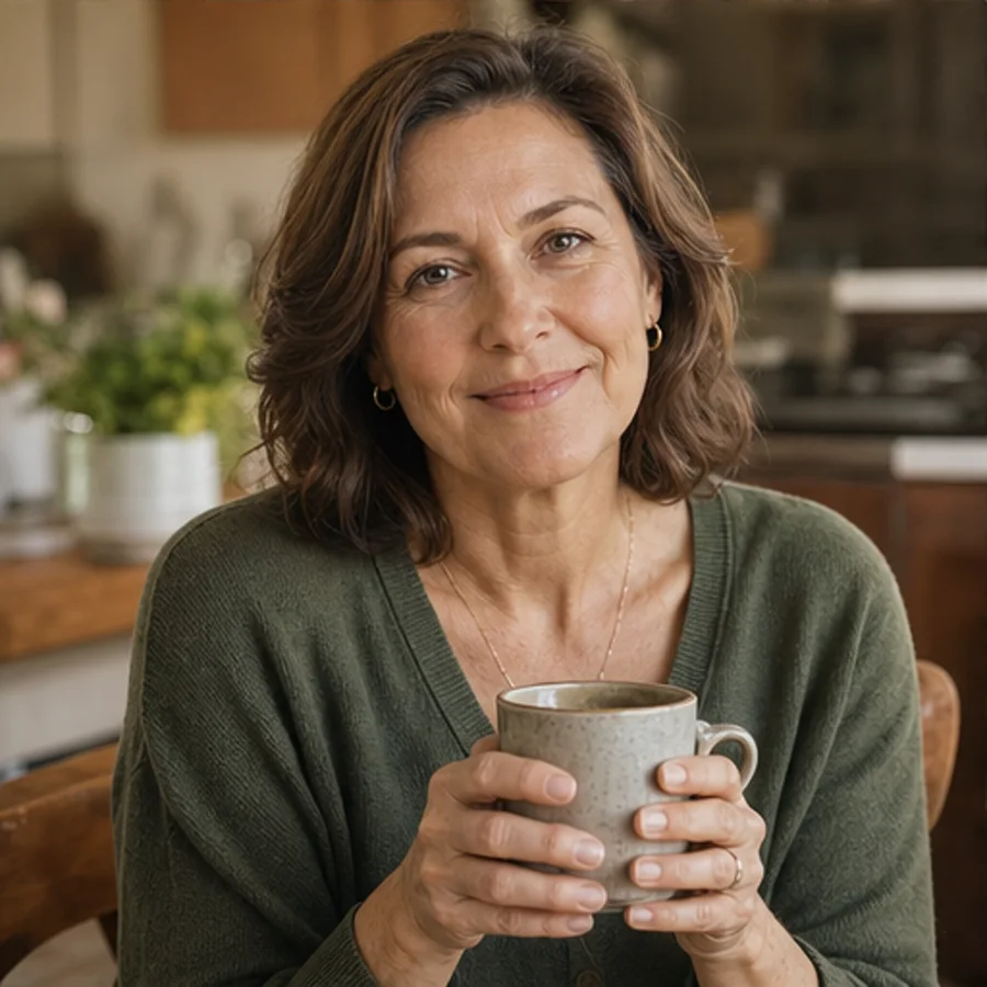 Photo · daughter in her 40s, kitchen, holding a mug