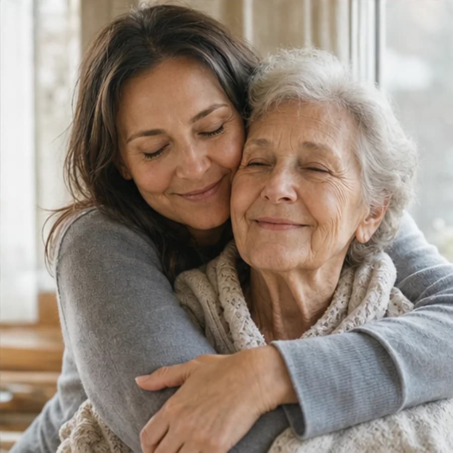 Photo · daughter with arm around elderly mother, soft light