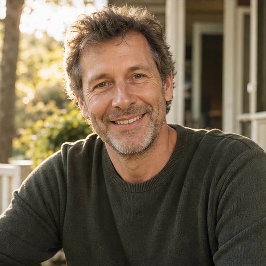 Photo · son in his 40s, smiling on a porch