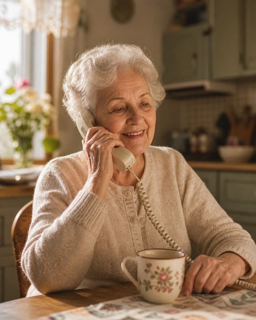 Grandmother smiling on the phone in a warm kitchen, afternoon light, flowers and a teacup on the table