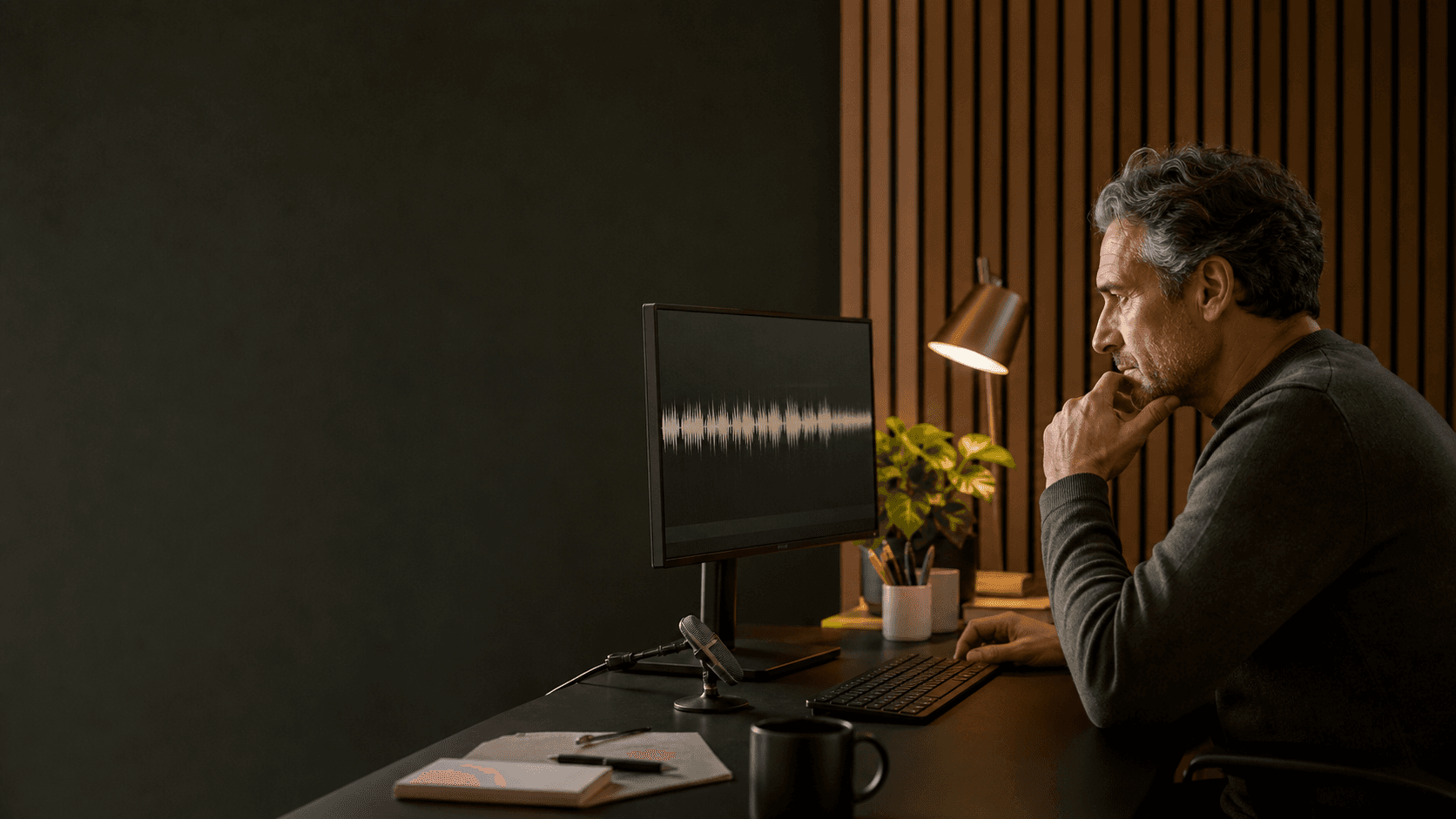 A clinician studying a natural voice session in a quiet research setting.