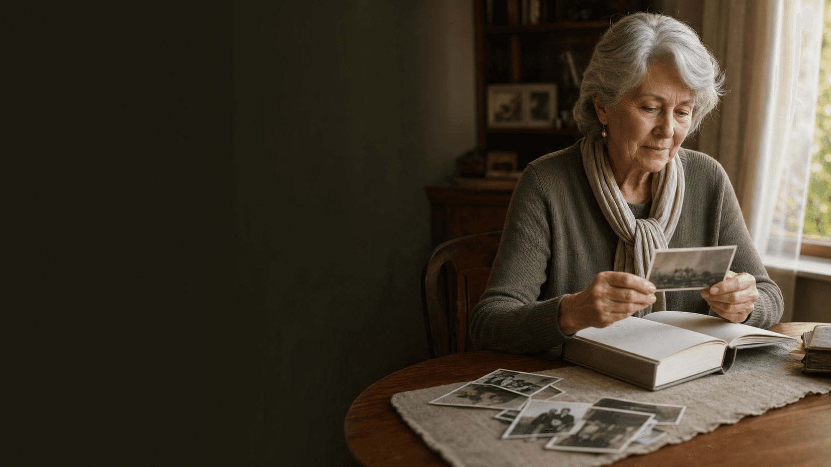 An older adult revisiting family memories beside a bound memoir.