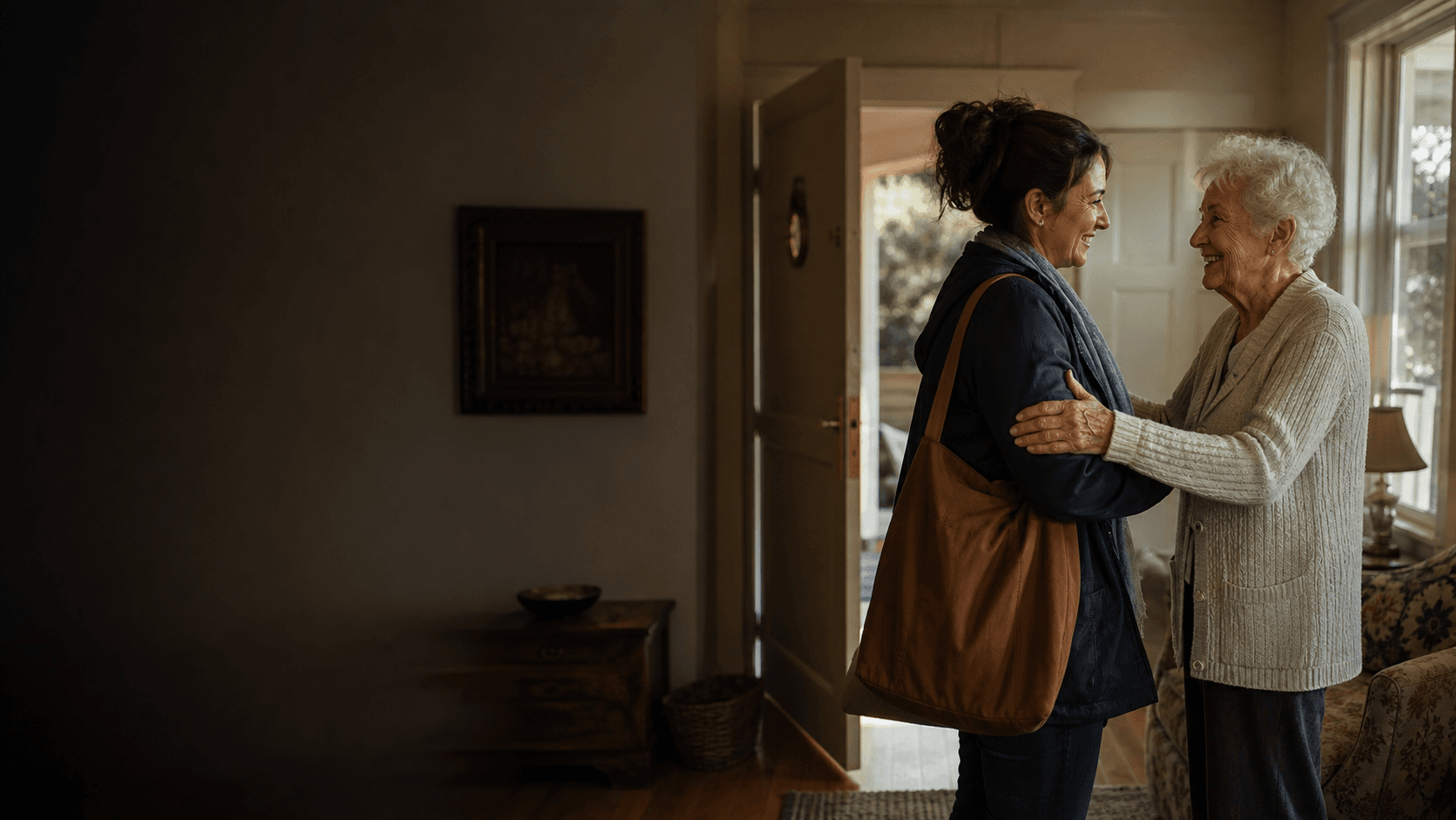 A professional caregiver preparing to enter a senior's home.
