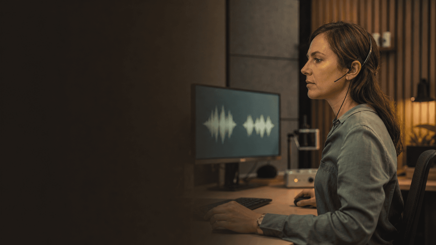 A clinical researcher studying natural voice signals in a calm research suite.