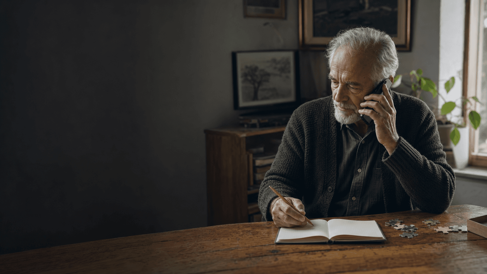 An older adult engaged in a thoughtful phone conversation at home.