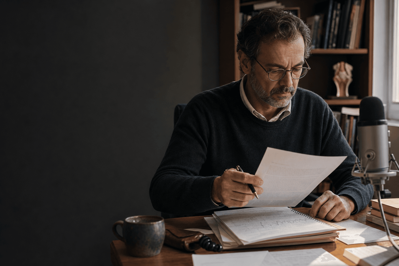 A clinical voice researcher reviewing a publication at a warm desk.