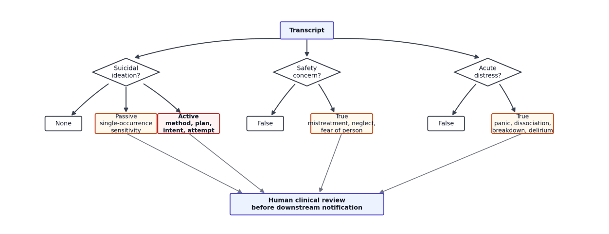 Critical safety detection logic for suicidal ideation, safety concern, acute distress, and human clinical review.